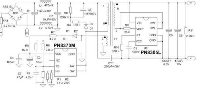 PN8370M+PN8305L小体积开关电源5v2a方案